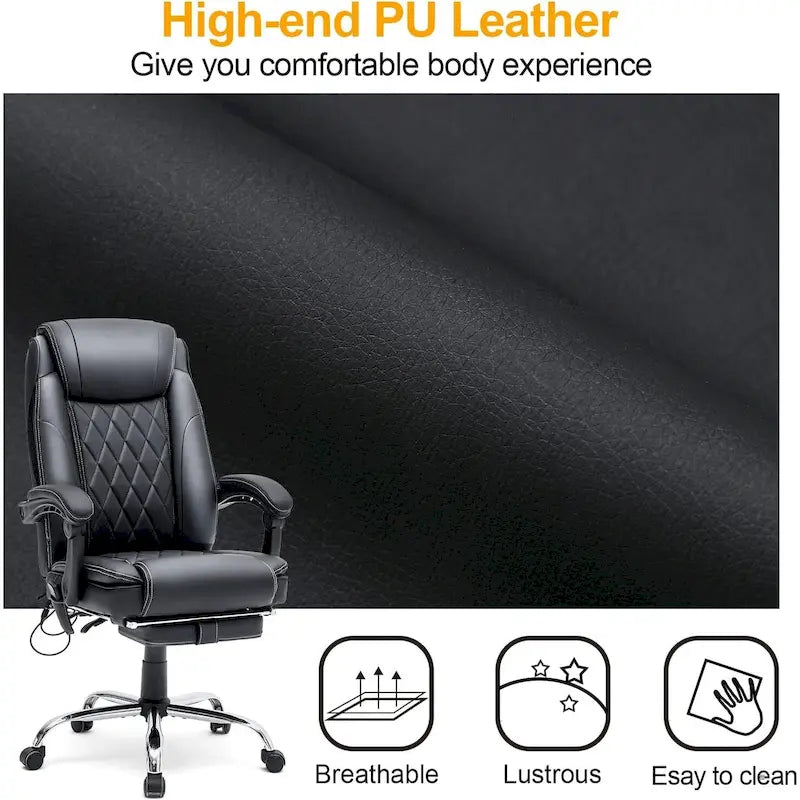 Fauteuil de direction ergonomique chauffant avec massage à 2/4/6 points, repose-pieds rétractable et revêtement en cuir PU
