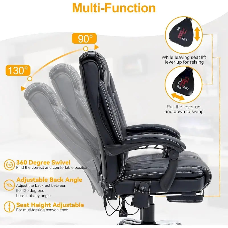 Fauteuil de direction ergonomique chauffant avec massage à 2/4/6 points, repose-pieds rétractable et revêtement en cuir PU