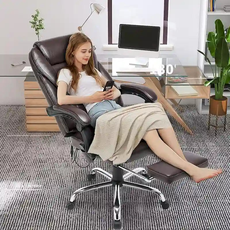 Fauteuil de direction ergonomique chauffant avec massage à 2/4/6 points, repose-pieds rétractable et revêtement en cuir PU