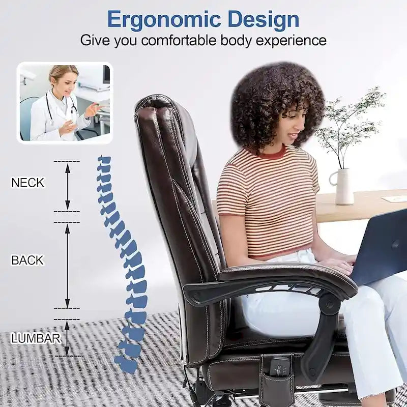 Fauteuil de direction ergonomique chauffant avec massage à 2/4/6 points, repose-pieds rétractable et revêtement en cuir PU