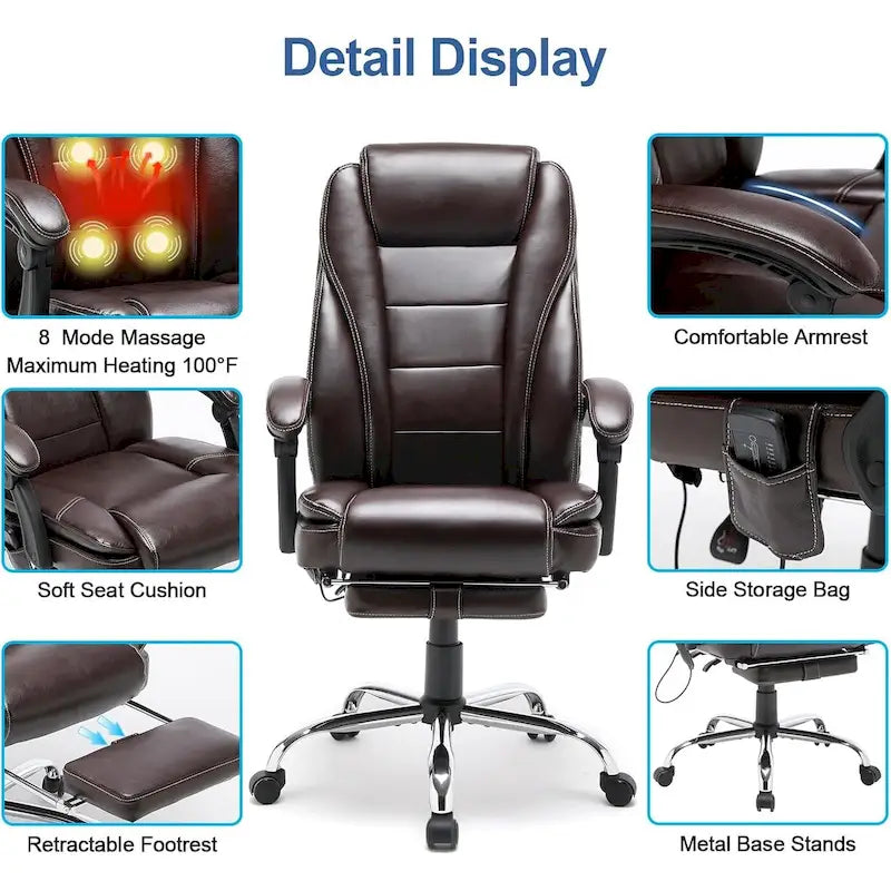 Fauteuil de direction ergonomique chauffant avec massage à 2/4/6 points, repose-pieds rétractable et revêtement en cuir PU