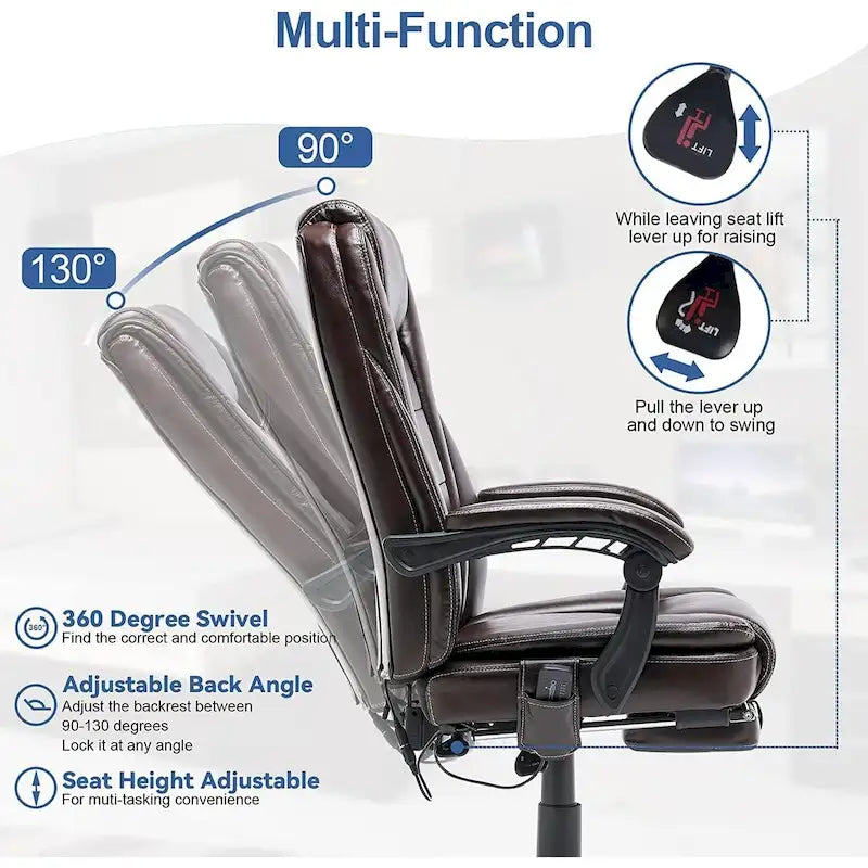 Fauteuil de direction ergonomique chauffant avec massage à 2/4/6 points, repose-pieds rétractable et revêtement en cuir PU