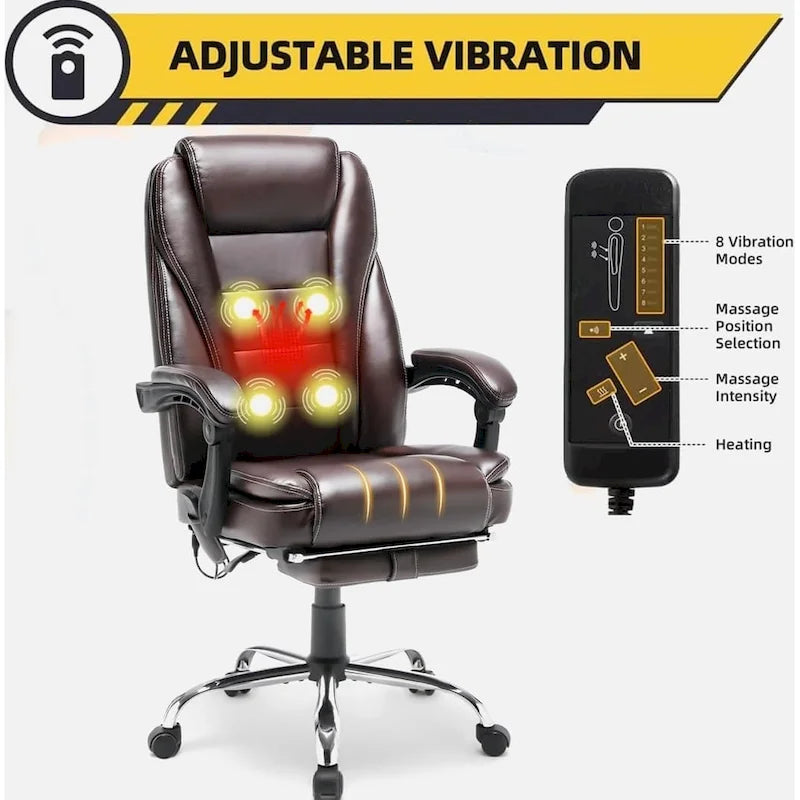 Fauteuil de direction ergonomique chauffant avec massage à 2/4/6 points, repose-pieds rétractable et revêtement en cuir PU