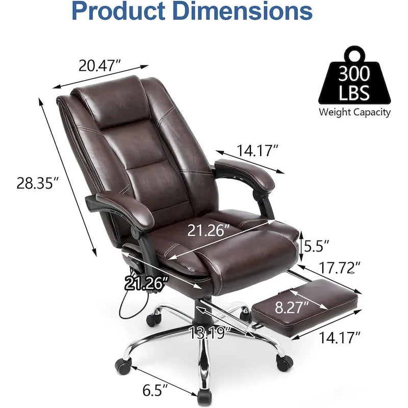 Fauteuil de direction ergonomique chauffant avec massage à 2/4/6 points, repose-pieds rétractable et revêtement en cuir PU