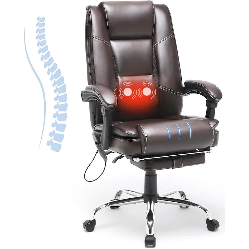 Fauteuil de direction ergonomique chauffant avec massage à 2/4/6 points, repose-pieds rétractable et revêtement en cuir PU