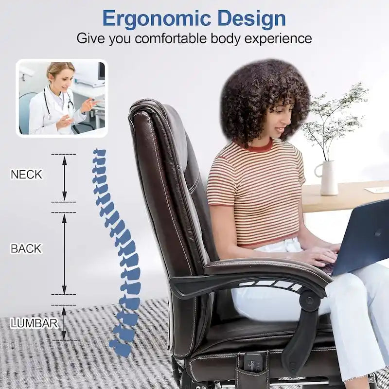 Fauteuil de direction ergonomique chauffant avec massage à 2/4/6 points, repose-pieds rétractable et revêtement en cuir PU
