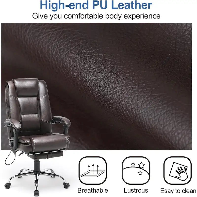 Fauteuil de direction ergonomique chauffant avec massage à 2/4/6 points, repose-pieds rétractable et revêtement en cuir PU
