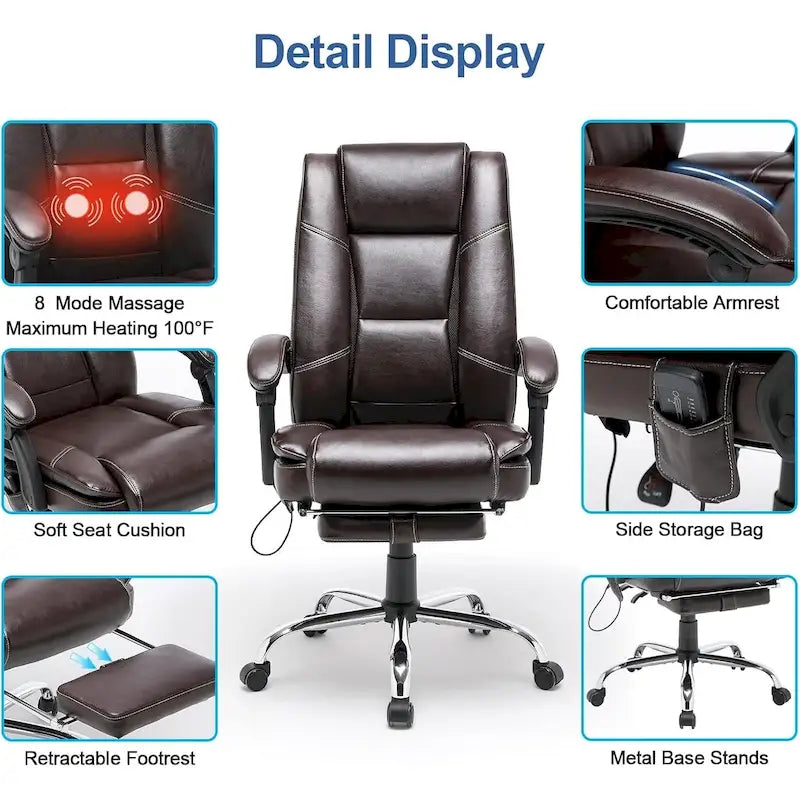 Fauteuil de direction ergonomique chauffant avec massage à 2/4/6 points, repose-pieds rétractable et revêtement en cuir PU