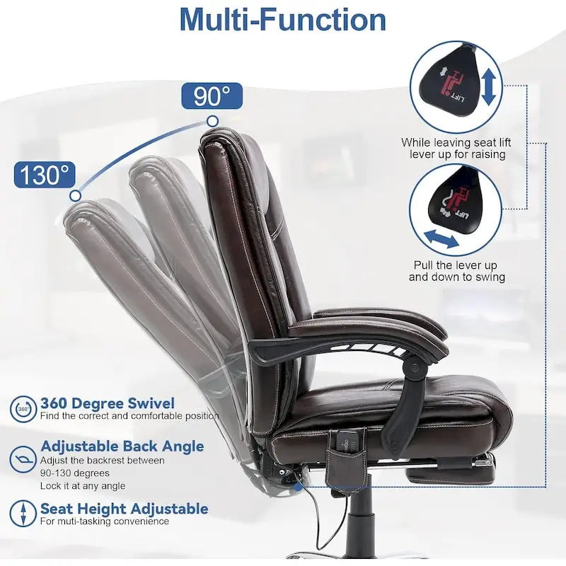Fauteuil de direction ergonomique chauffant avec massage à 2/4/6 points, repose-pieds rétractable et revêtement en cuir PU