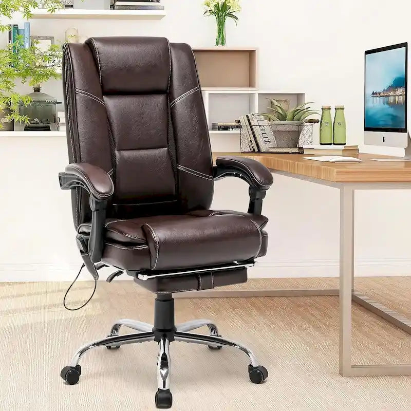 Fauteuil de direction ergonomique chauffant avec massage à 2/4/6 points, repose-pieds rétractable et revêtement en cuir PU