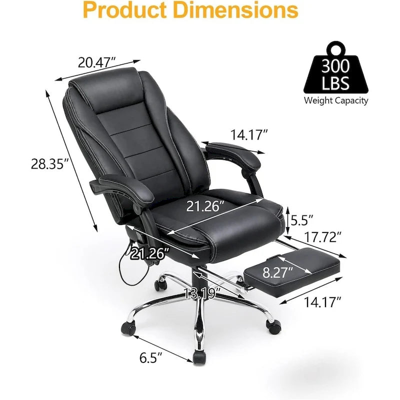 Fauteuil de direction ergonomique chauffant avec massage à 2/4/6 points, repose-pieds rétractable et revêtement en cuir PU