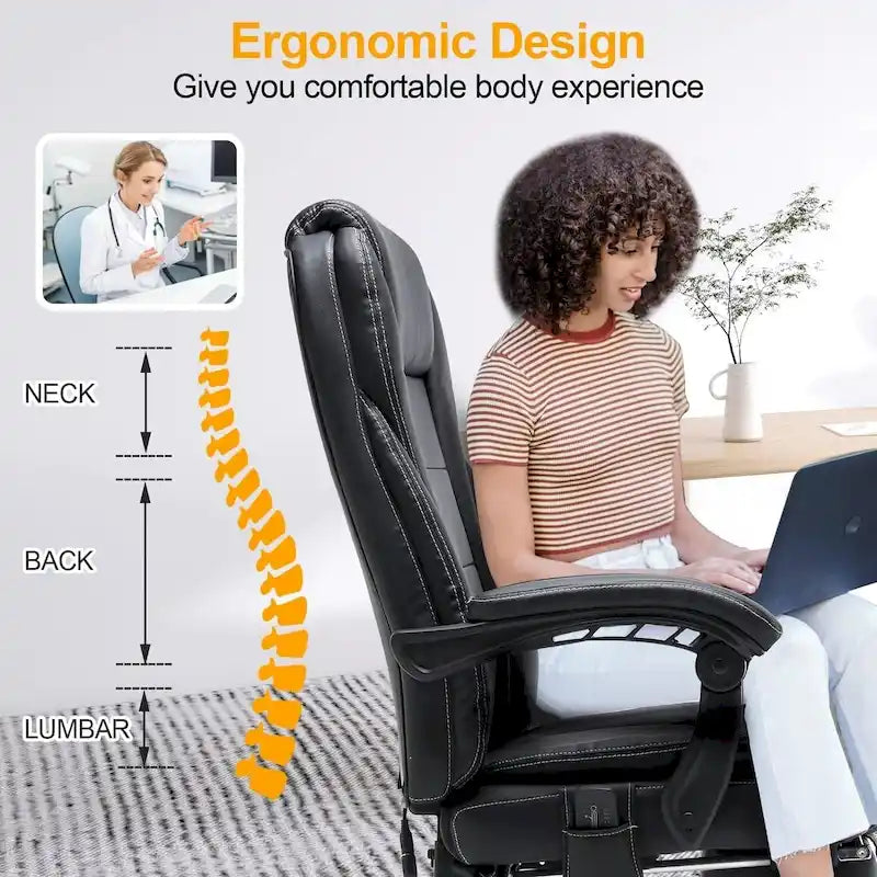 Fauteuil de direction ergonomique chauffant avec massage à 2/4/6 points, repose-pieds rétractable et revêtement en cuir PU