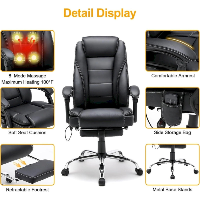Fauteuil de direction ergonomique chauffant avec massage à 2/4/6 points, repose-pieds rétractable et revêtement en cuir PU