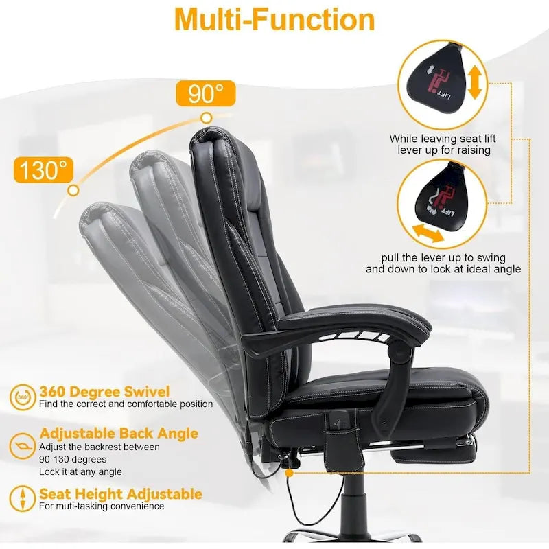 Fauteuil de direction ergonomique chauffant avec massage à 2/4/6 points, repose-pieds rétractable et revêtement en cuir PU