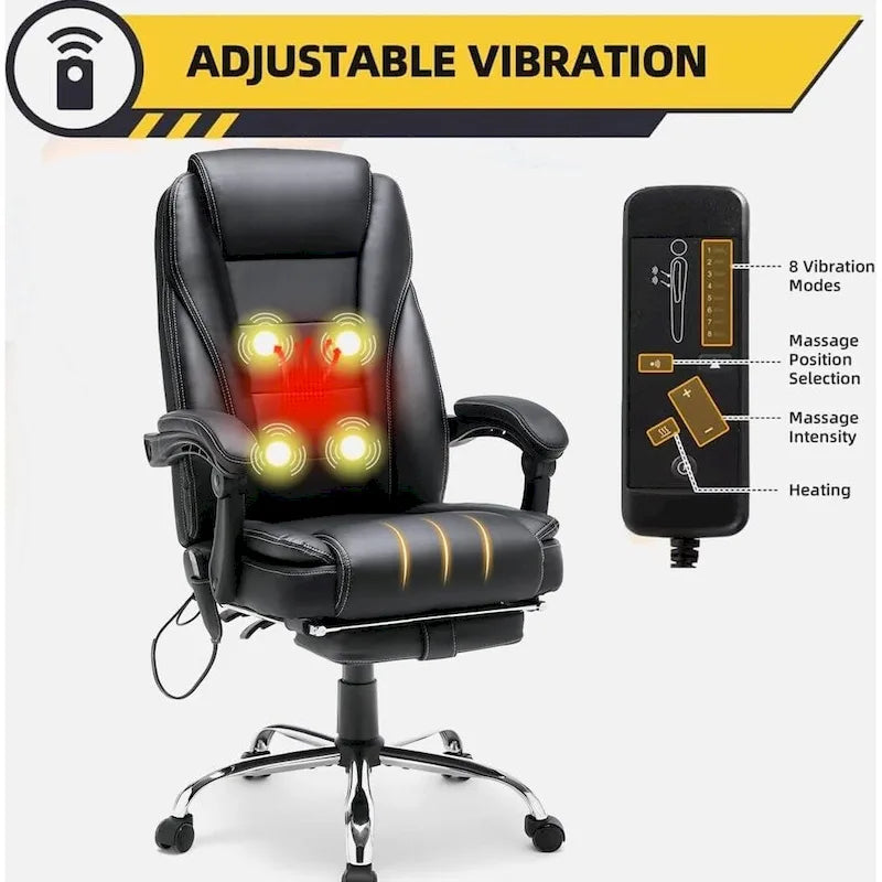 Fauteuil de direction ergonomique chauffant avec massage à 2/4/6 points, repose-pieds rétractable et revêtement en cuir PU