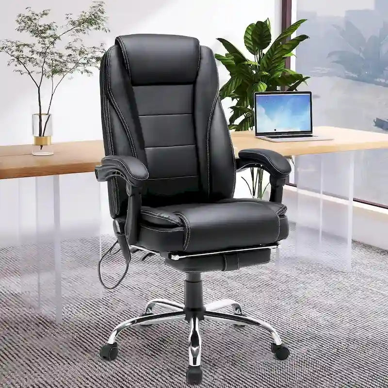 Fauteuil de direction ergonomique chauffant avec massage à 2/4/6 points, repose-pieds rétractable et revêtement en cuir PU
