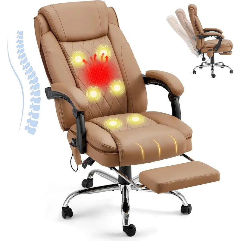 Fauteuil de direction ergonomique chauffant avec massage à 2/4/6 points, repose-pieds rétractable et revêtement en cuir PU