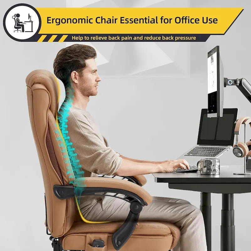 Fauteuil de direction ergonomique chauffant avec massage à 2/4/6 points, repose-pieds rétractable et revêtement en cuir PU