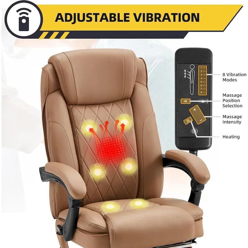 Fauteuil de direction ergonomique chauffant avec massage à 2/4/6 points, repose-pieds rétractable et revêtement en cuir PU