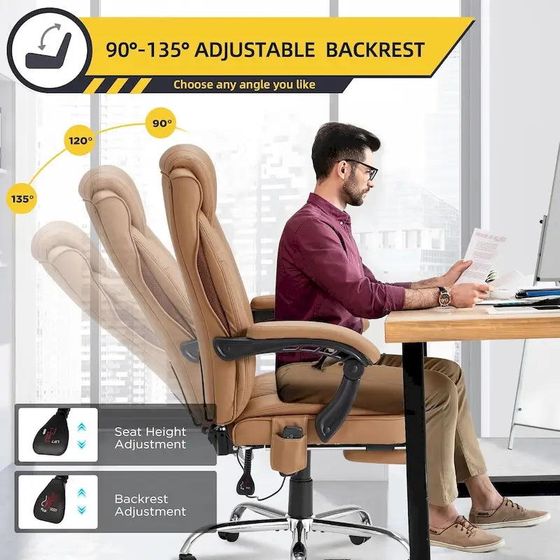 Fauteuil de direction ergonomique chauffant avec massage à 2/4/6 points, repose-pieds rétractable et revêtement en cuir PU