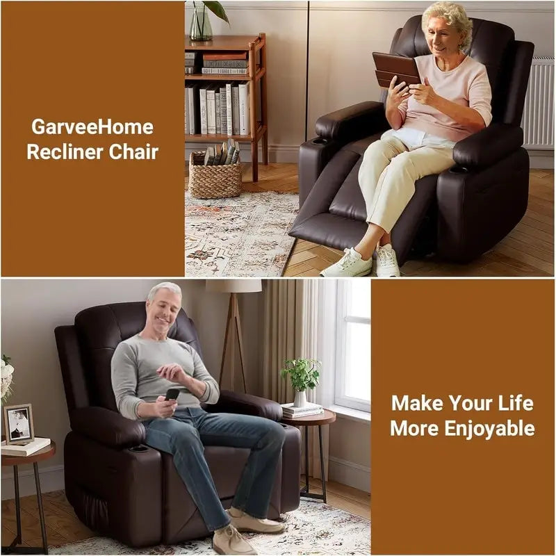 Fauteuil inclinable électrique avec fonction massage, porte-gobelets et poche latérale.
