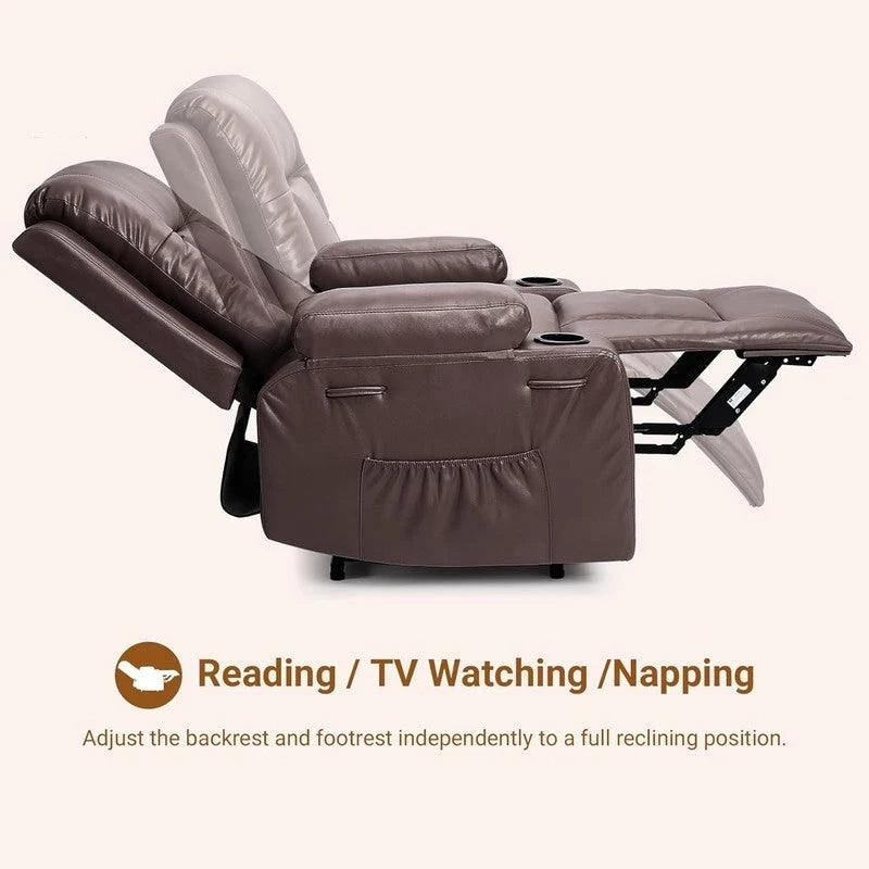 Fauteuil inclinable électrique avec fonction massage, porte-gobelets et poche latérale.