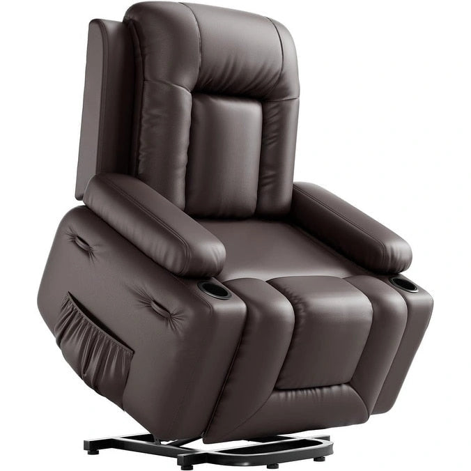 Fauteuil inclinable électrique avec fonction massage, porte-gobelets et poche latérale.