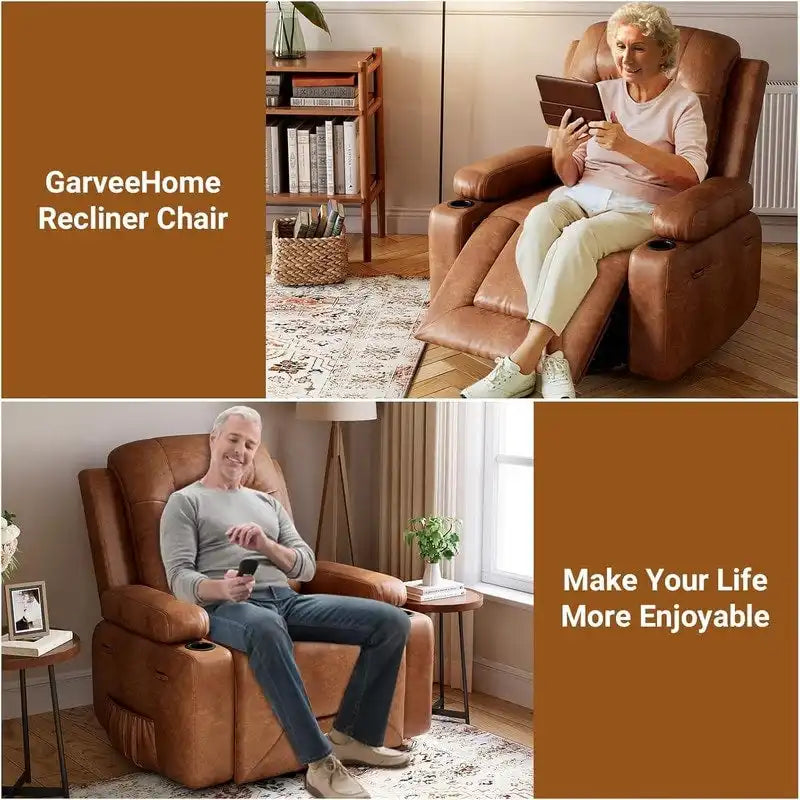 Fauteuil inclinable électrique avec fonction massage, porte-gobelets et poche latérale.