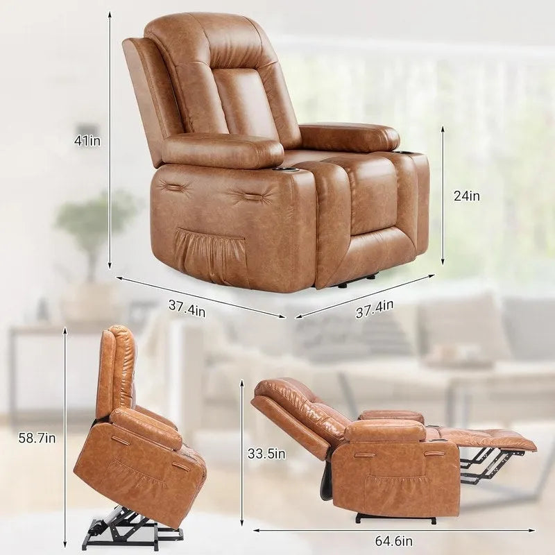 Fauteuil inclinable électrique avec fonction massage, porte-gobelets et poche latérale.