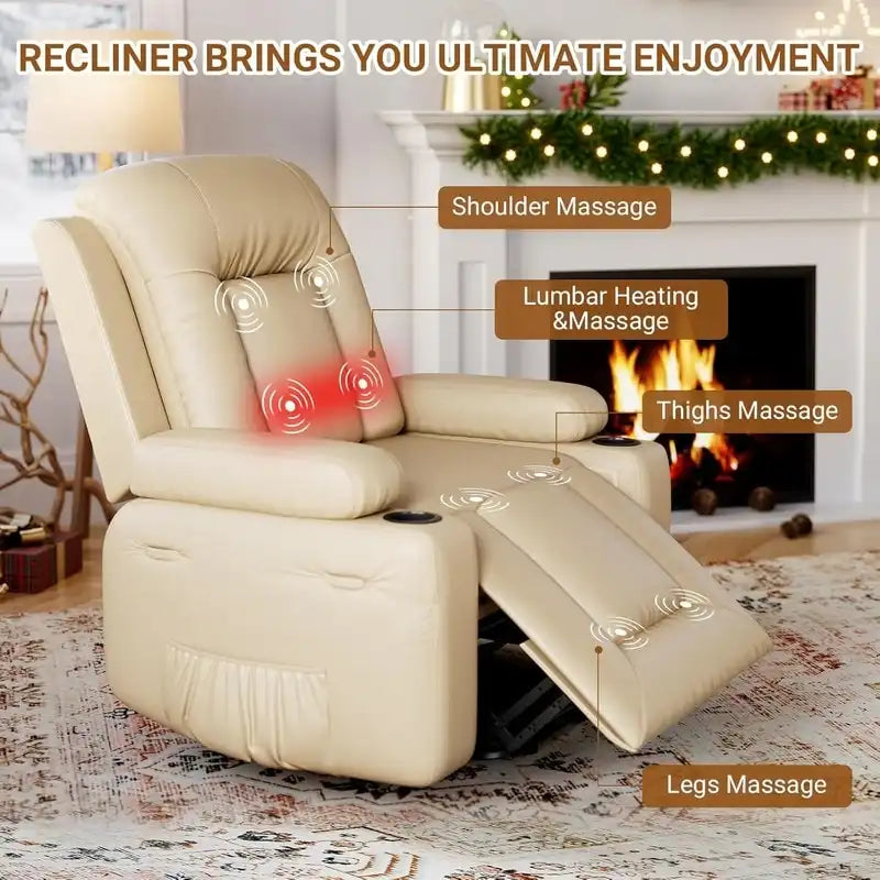 Fauteuil inclinable électrique avec fonction massage, porte-gobelets et poche latérale.