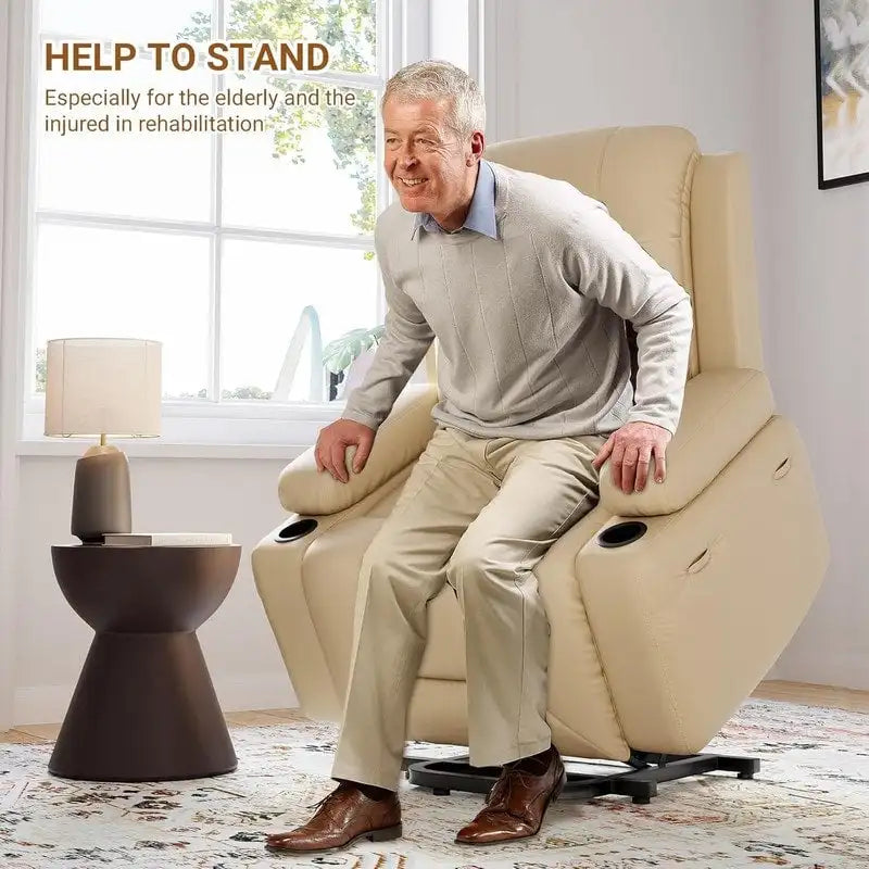 Fauteuil inclinable électrique avec fonction massage, porte-gobelets et poche latérale.