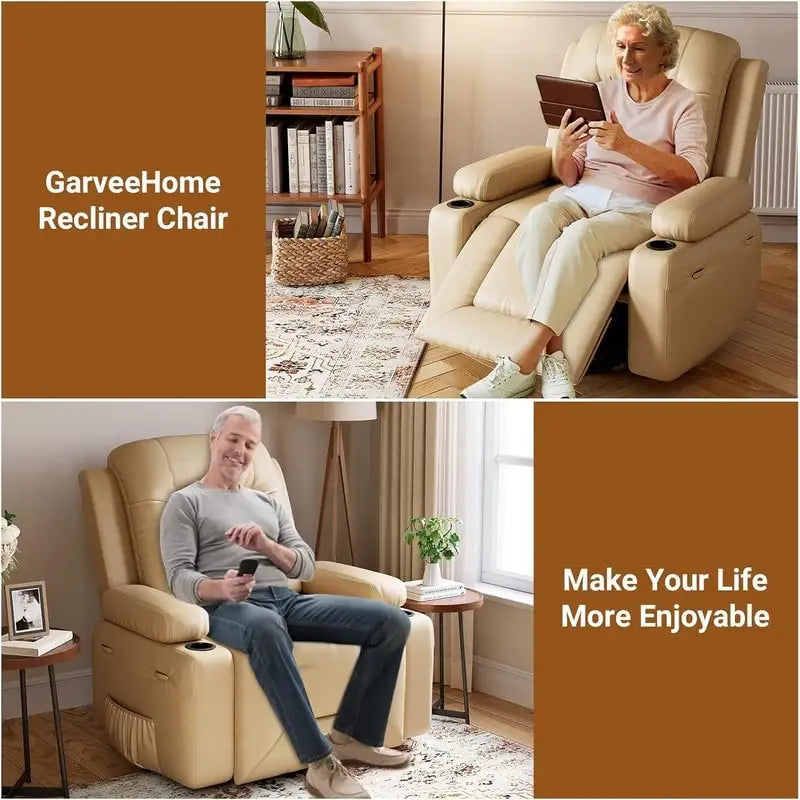 Fauteuil inclinable électrique avec fonction massage, porte-gobelets et poche latérale.