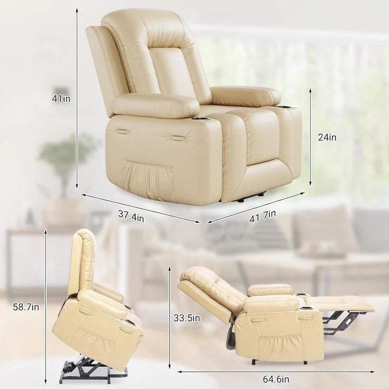 Fauteuil inclinable électrique avec fonction massage, porte-gobelets et poche latérale.