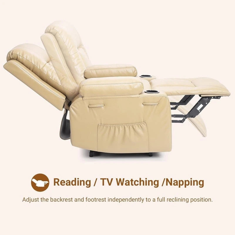 Fauteuil inclinable électrique avec fonction massage, porte-gobelets et poche latérale.