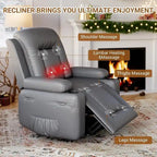 Fauteuil inclinable électrique avec fonction massage, porte-gobelets et poche latérale.
