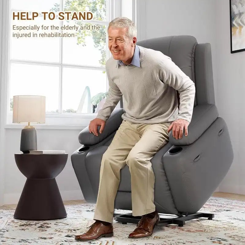 Fauteuil inclinable électrique avec fonction massage, porte-gobelets et poche latérale.