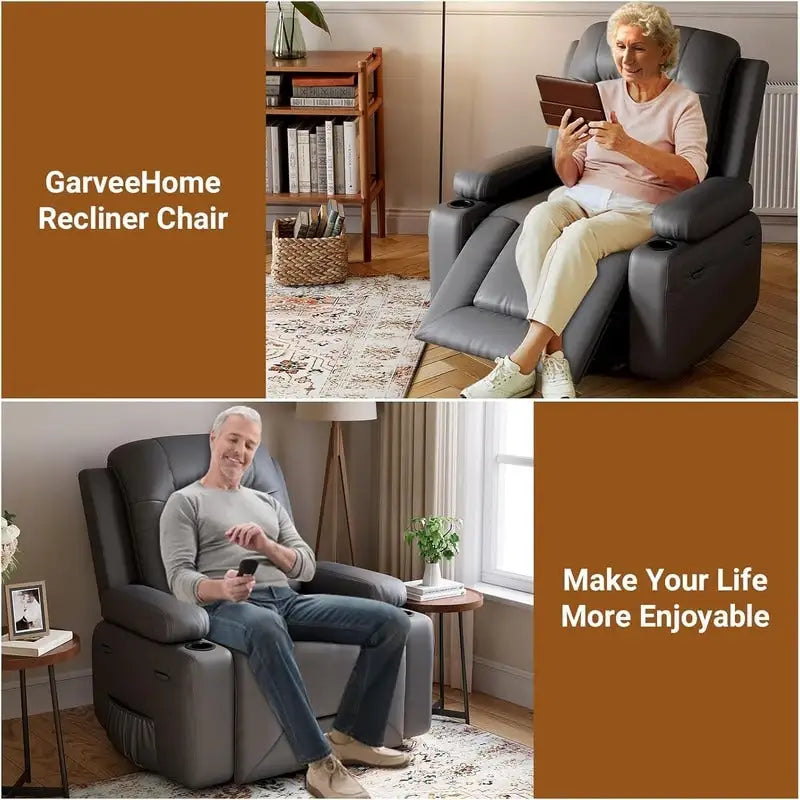 Fauteuil inclinable électrique avec fonction massage, porte-gobelets et poche latérale.