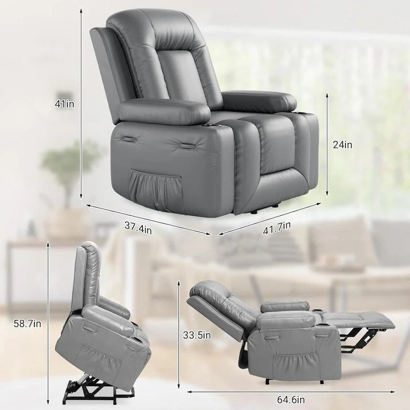 Fauteuil inclinable électrique avec fonction massage, porte-gobelets et poche latérale.