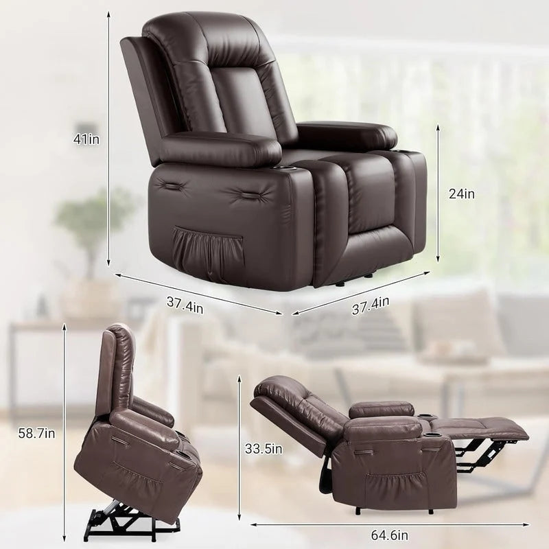Fauteuil inclinable électrique avec fonction massage, porte-gobelets et poche latérale.