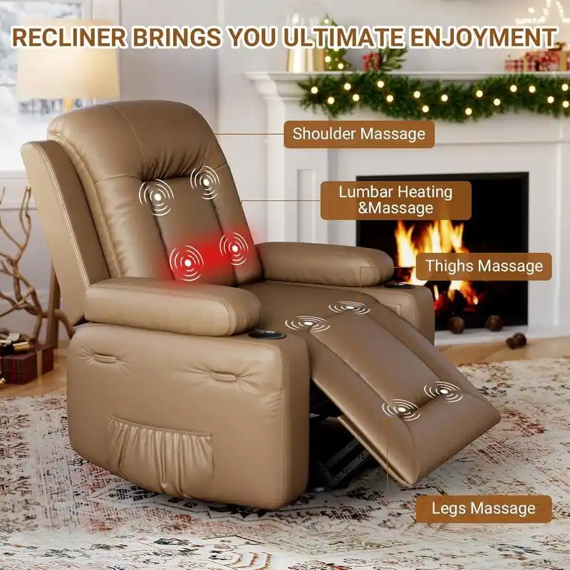 Fauteuil inclinable électrique avec fonction massage, porte-gobelets et poche latérale.