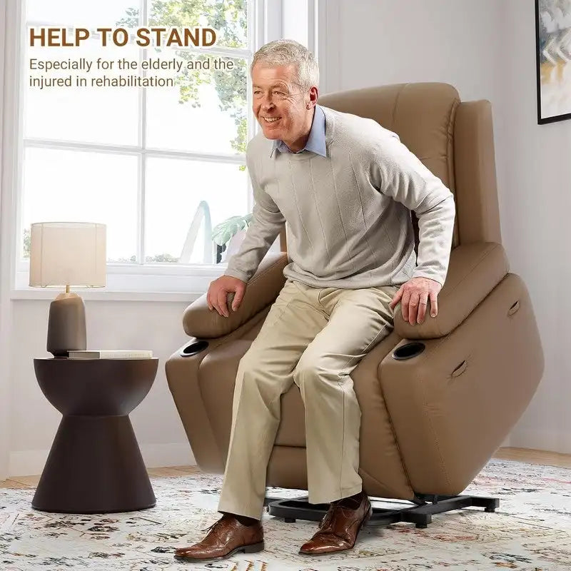 Fauteuil inclinable électrique avec fonction massage, porte-gobelets et poche latérale.