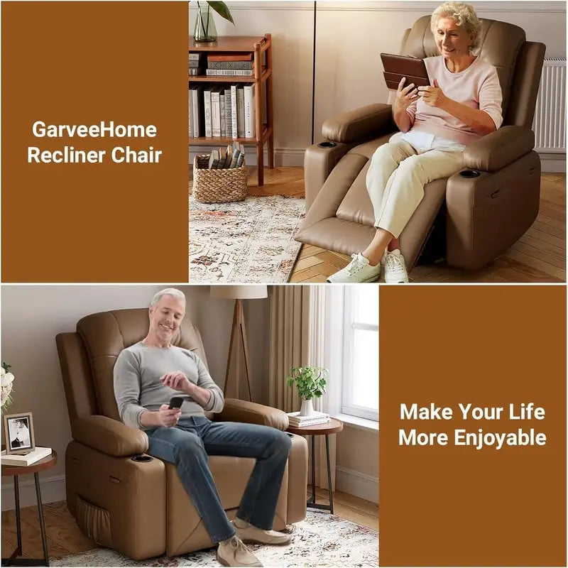 Fauteuil inclinable électrique avec fonction massage, porte-gobelets et poche latérale.