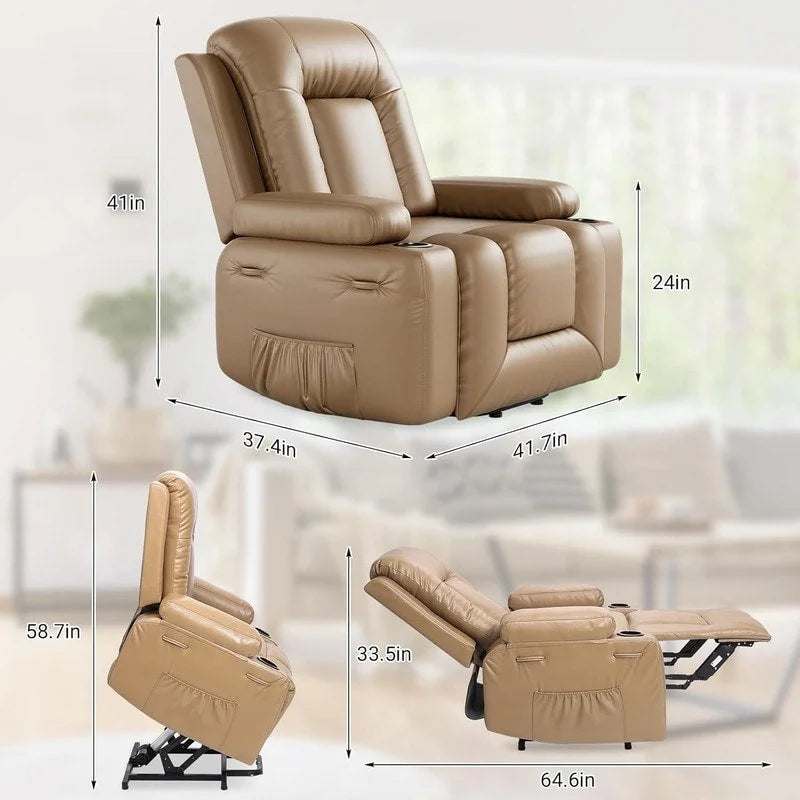 Fauteuil inclinable électrique avec fonction massage, porte-gobelets et poche latérale.
