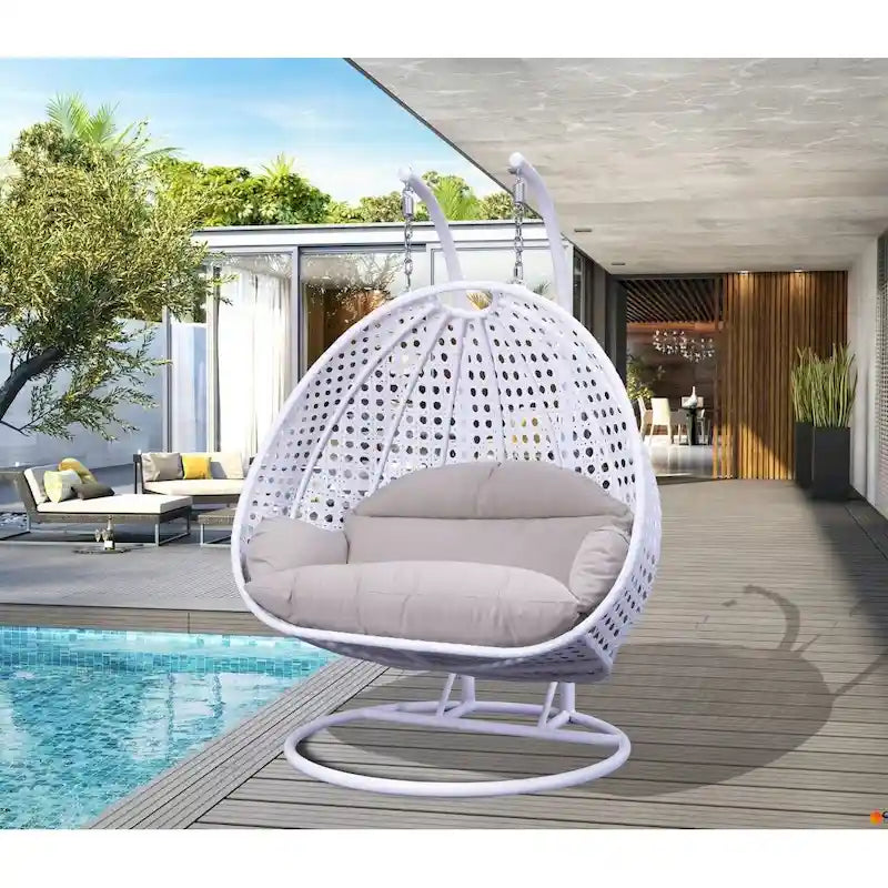Fauteuil suspendu œuf LeisureMod pour 2 personnes avec support - Balancelle hamac/fauteuil roulant d'extérieur/intérieur en rotin tressé avec coussins