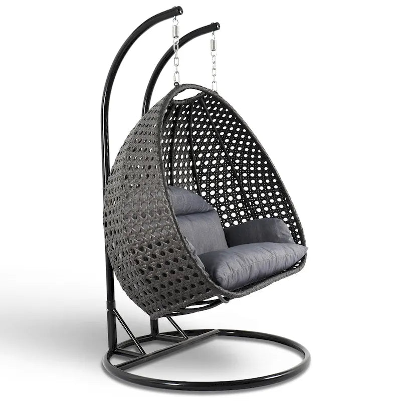 Fauteuil suspendu œuf LeisureMod pour 2 personnes avec support - Balancelle hamac/fauteuil roulant d'extérieur/intérieur en rotin tressé avec coussins
