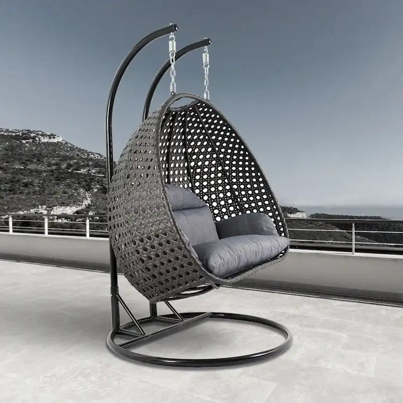 Fauteuil suspendu œuf LeisureMod pour 2 personnes avec support - Balancelle hamac/fauteuil roulant d'extérieur/intérieur en rotin tressé avec coussins
