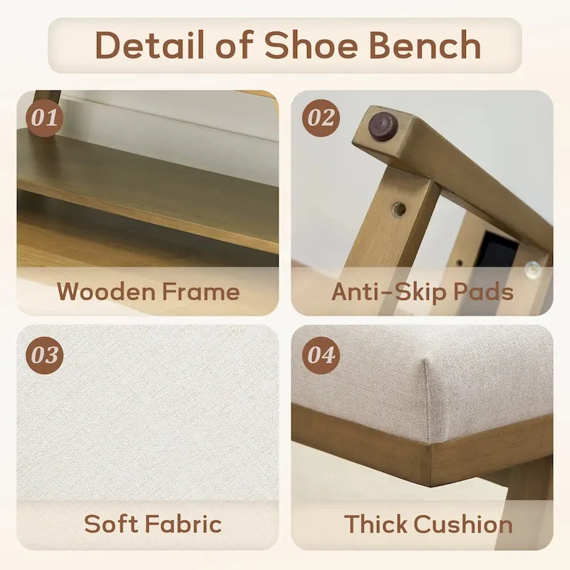 Banc à chaussures en bois massif avec coussin, banc à chaussures d'entrée