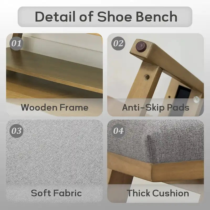 Banc à chaussures en bois massif avec coussin, banc à chaussures d'entrée