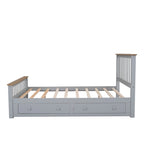Lit plateforme Queen gris en pin naturel avec tiroirs et tête de lit en bois