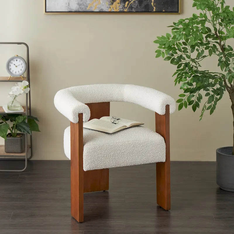 Fauteuil d'appoint rond en polyester bouclé, dossier incurvé, style moderne mi-siècle - Crème ou blanc - Roche River Decor